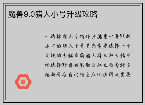 魔兽9.0猎人小号升级攻略
